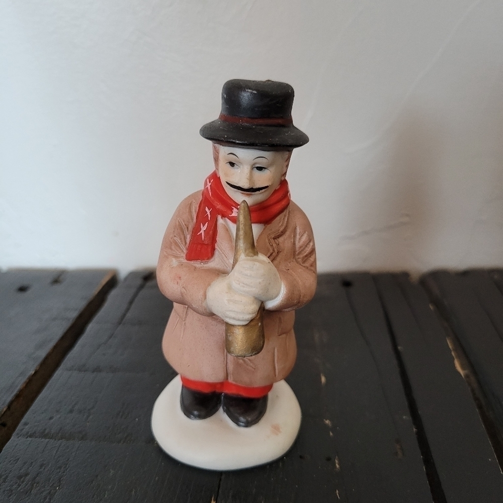 Ceramic Caroler Guy Trench Coat Red Scarf Black Hat Christmas Village Person
